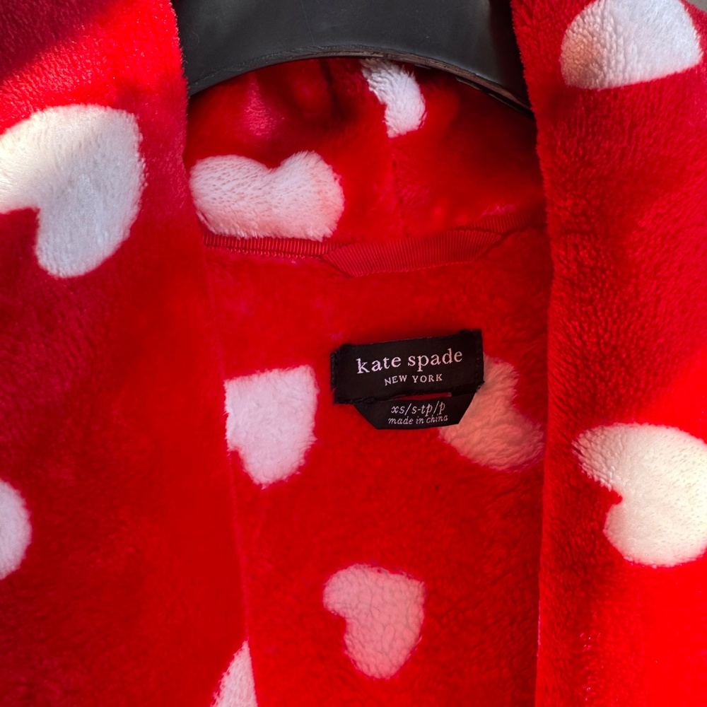 Kate Spade Fleece Heart Robe Red Long Sleeve Belted Bathrobe Sz XS - Picture 7 of 8